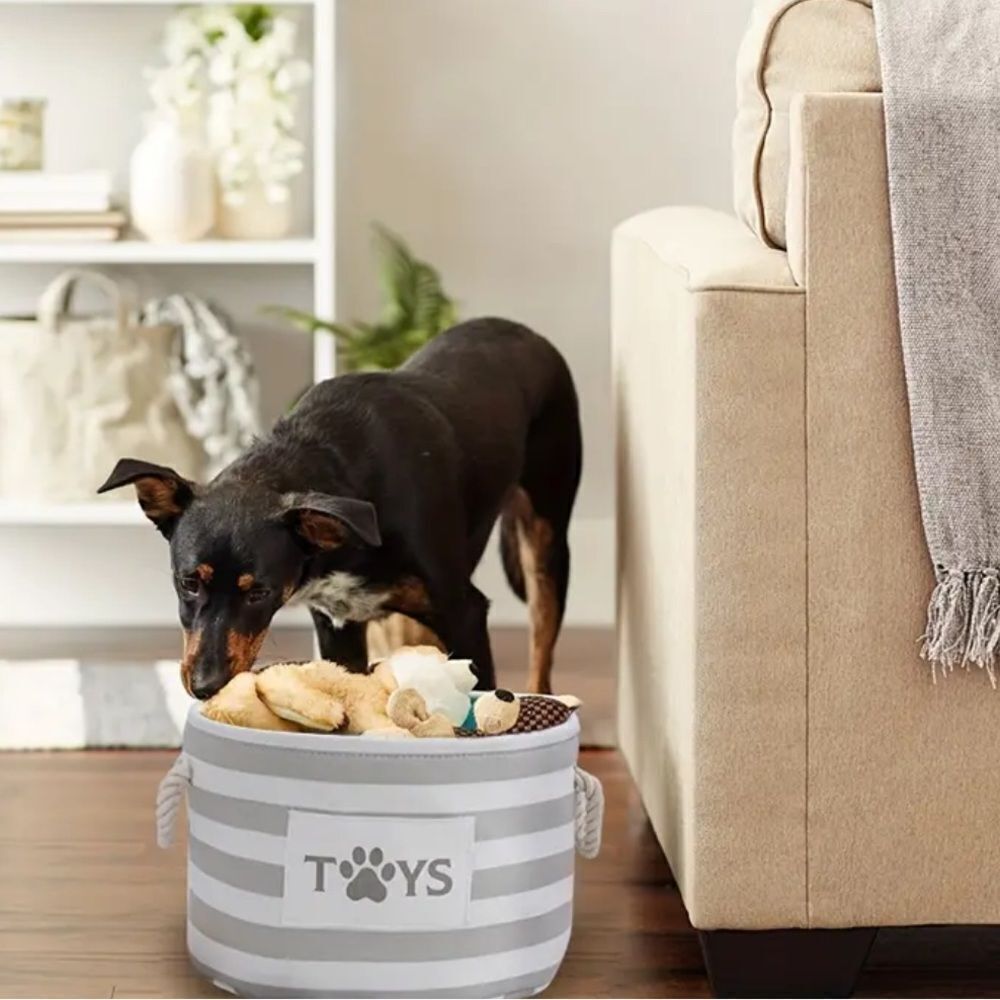 Dog’s *NEW* Light Gray & White Toy Basket w/Rope Handles (For Small Dogs) - Picture 2 of 10
